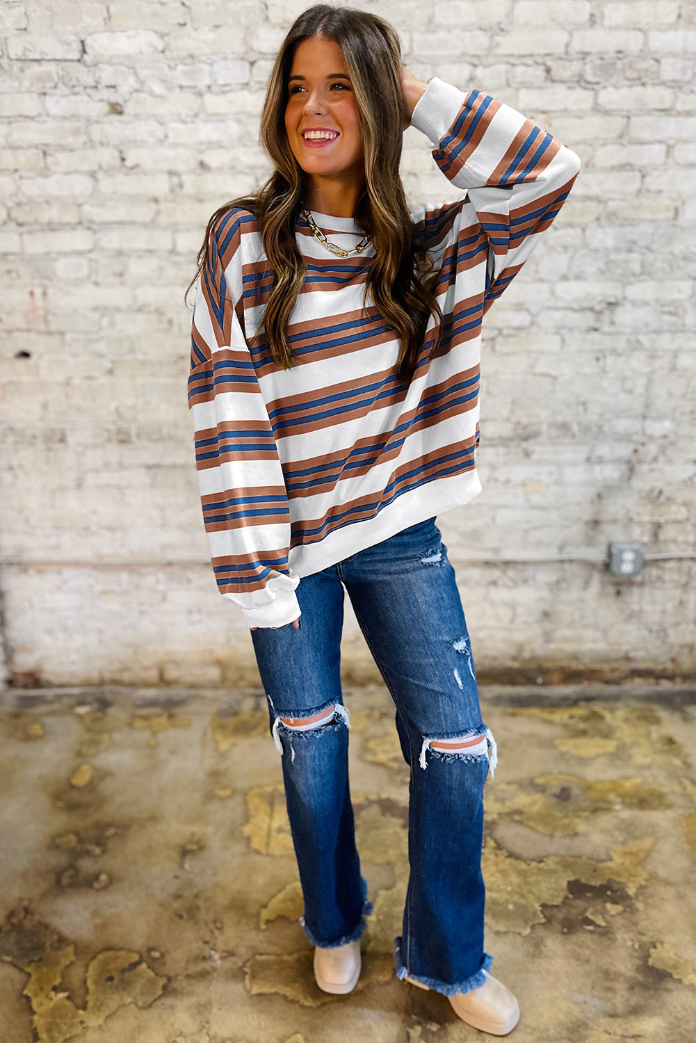 Khaki Striped Crew Neck Drop Shoulder Pullover Sweatshirt  Shop One Place