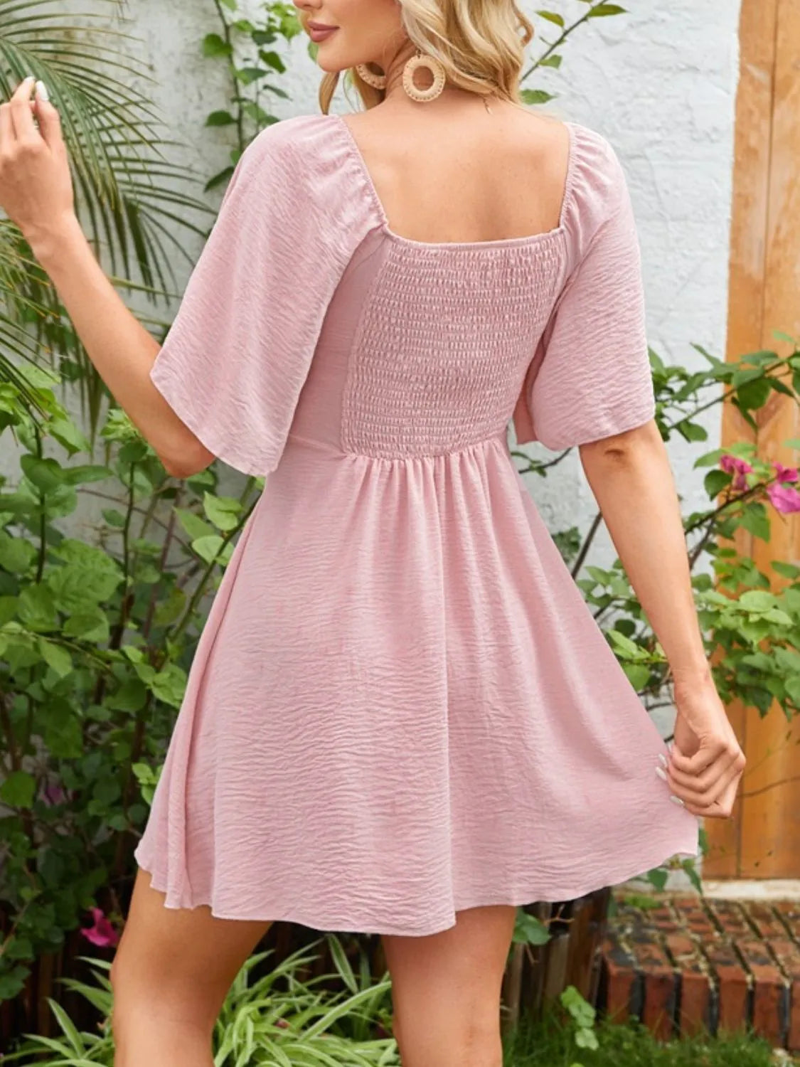 Smocked Back Knotted Flutter Sleeve Dress  Shop One Place