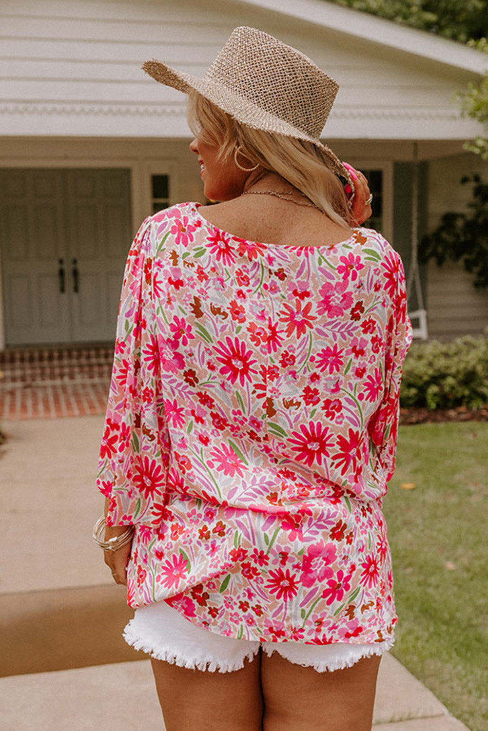 Pink Floral Ruffled Half Sleeve V-Neck Plus Size Blouse