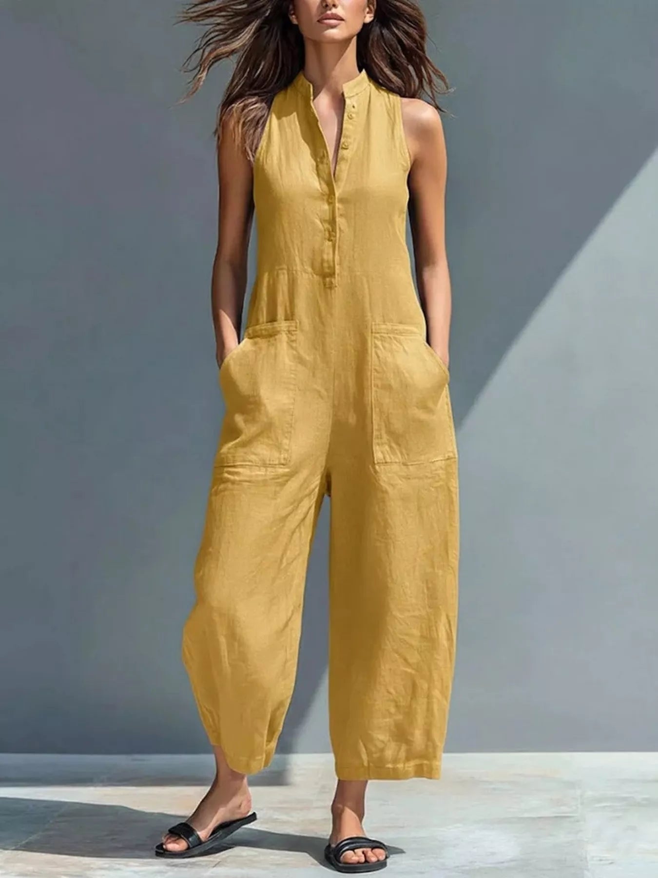 Full Size Button Front Sleeveless Jumpsuit Plus Size  Shop One Place