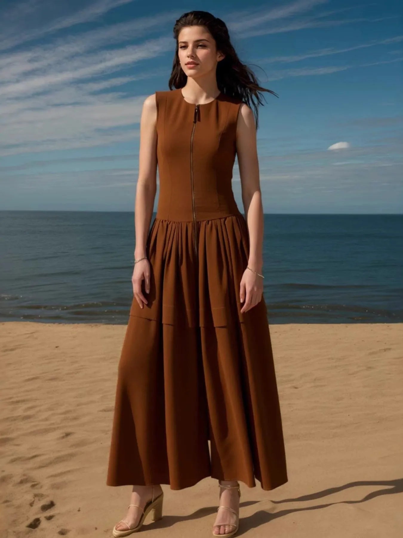 Zip Front Round Neck Sleeveless Dress  Shop One Place