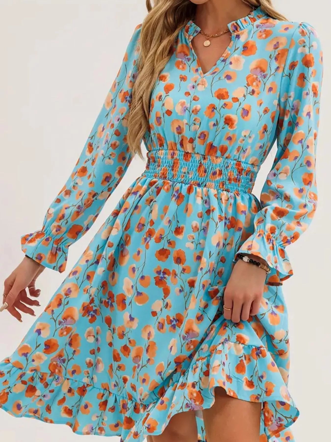 Floral Notched Flounce Sleeve Dress  Shop One Place