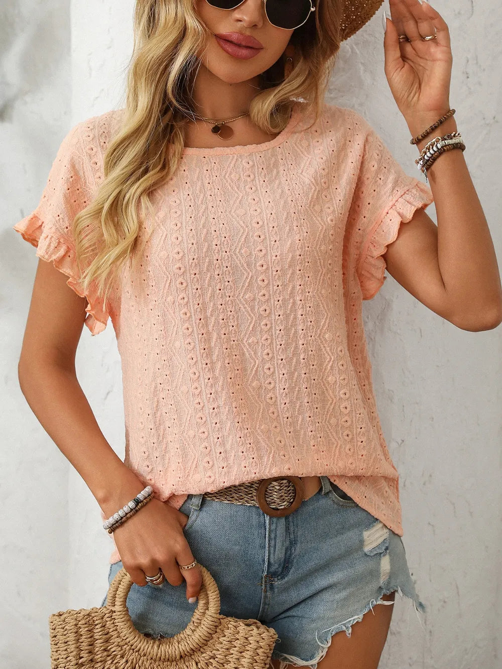 Mandy Eyelet Round Neck Short Sleeve Top  Shop One Place