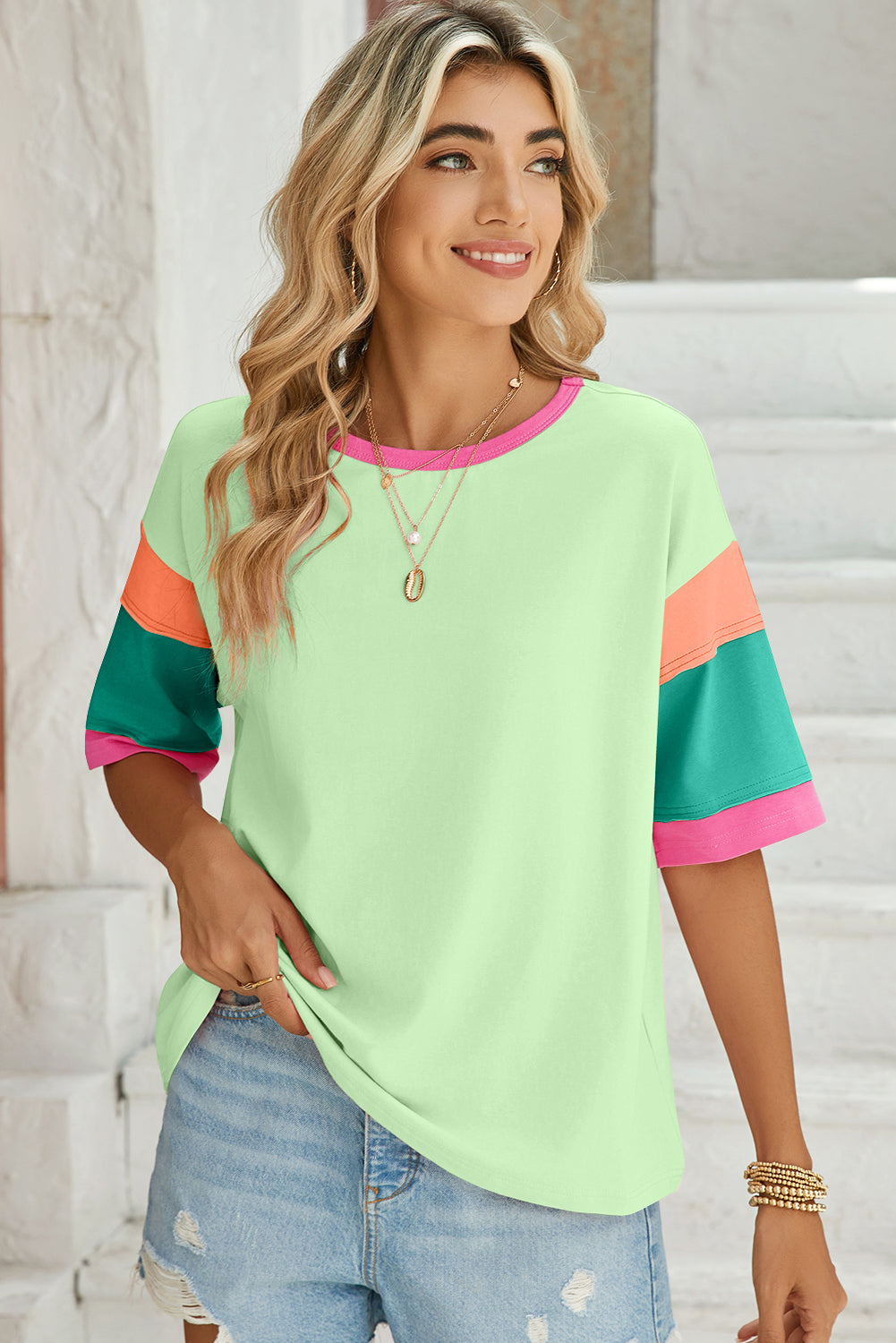Green Color Block Sleeve Round Neck Oversize Top  Shop One Place