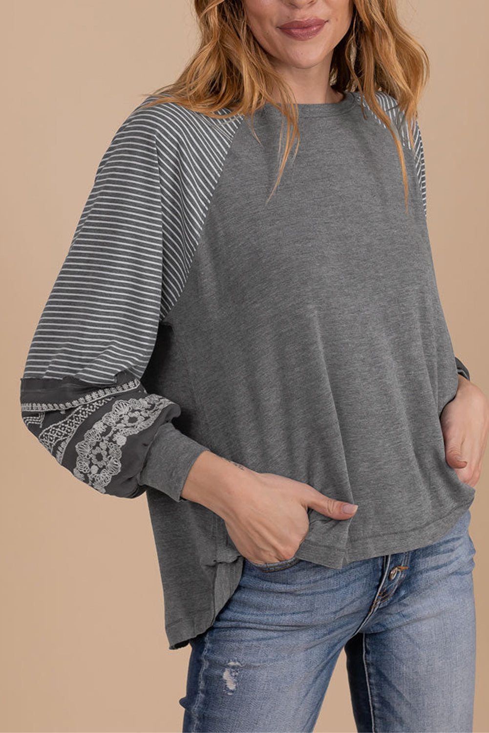 Gray Contrast Print Striped Raglan Long Sleeve Loose Top  Shop One Place