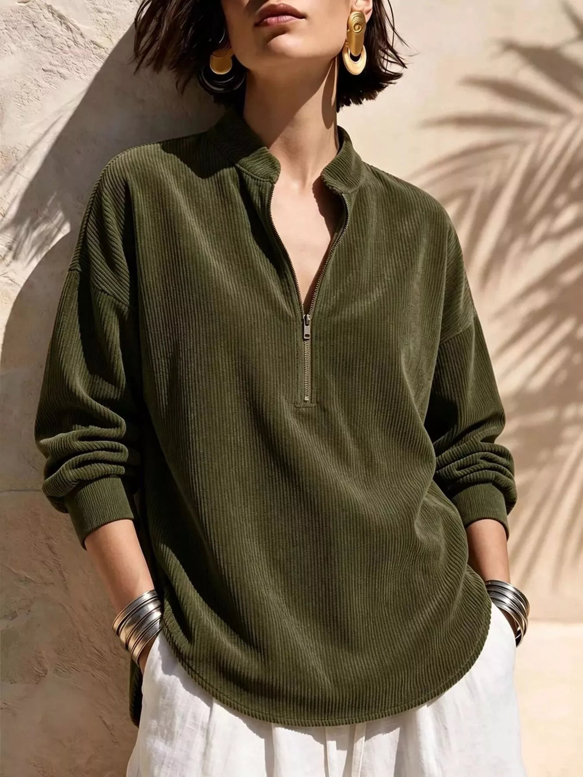 Full Size Half Zip Dropped Shoulder Corduroy Top Plus Size  Shop One Place