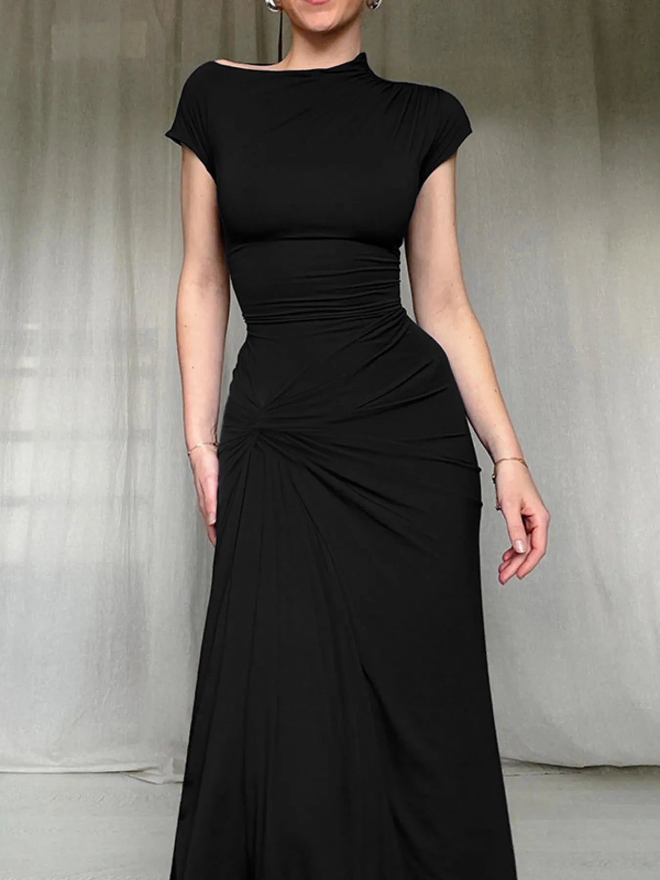 Ruched Slit Cap Sleeve Maxi Dress  Shop One Place