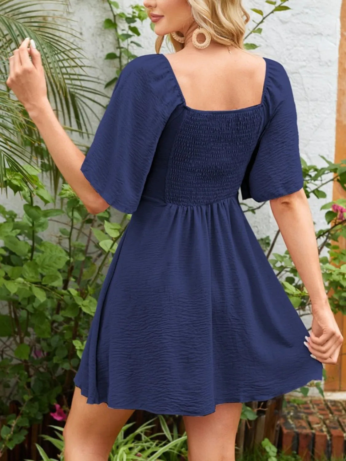 Smocked Back Knotted Flutter Sleeve Dress  Shop One Place