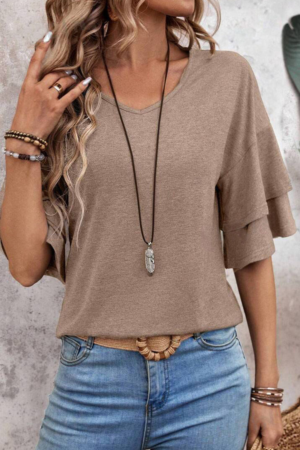 Dune Solid Color V Neck Double Layer Sleeve Loose T-Shirt