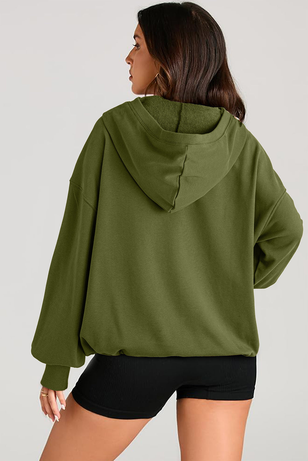 Moss Green Kangaroo Pocket Half Zipper Oversized Hoodie