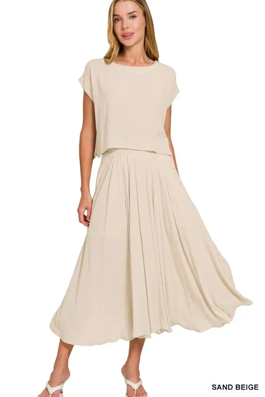 Zenana Woven Crinkle Gauze Crop Tee and Skirt Set-Beige  Shop One Place