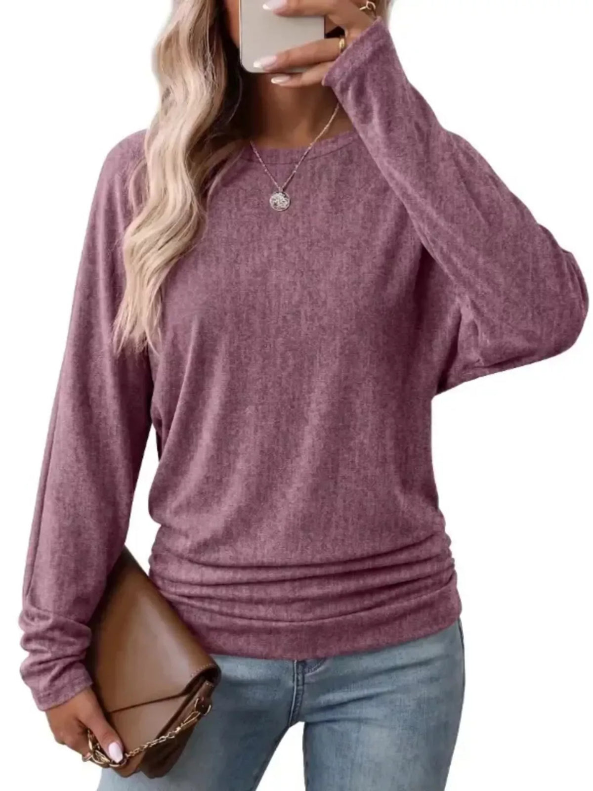 Women's Long Sleeve Crew Neck T-Shirt with Ruched Hem – view 9