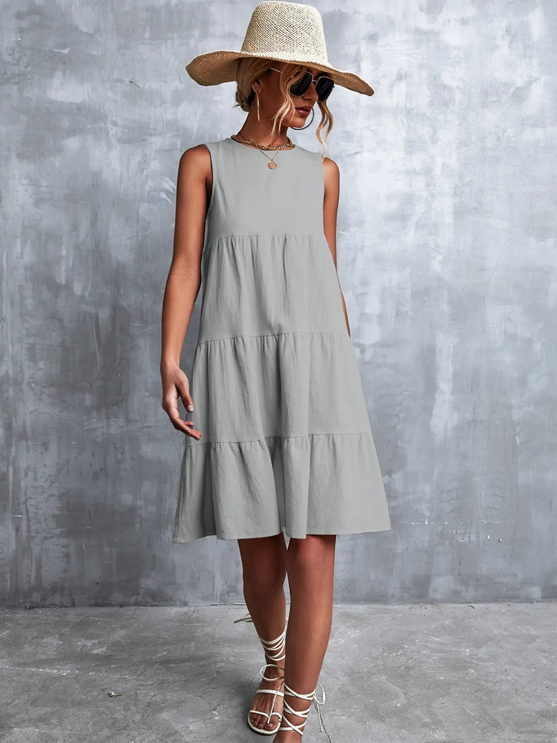 Tiered Round Neck Sleeveless Mini Tank Dress  Shop One Place