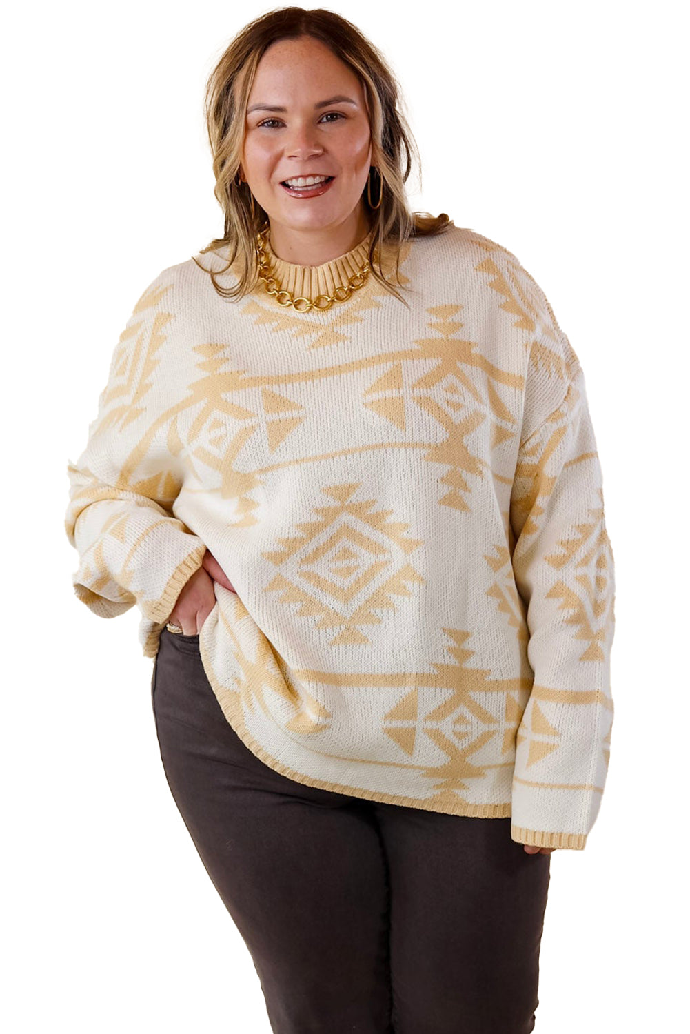 Apricot Plus Size Geometric Print Drop Sleeve Sweater