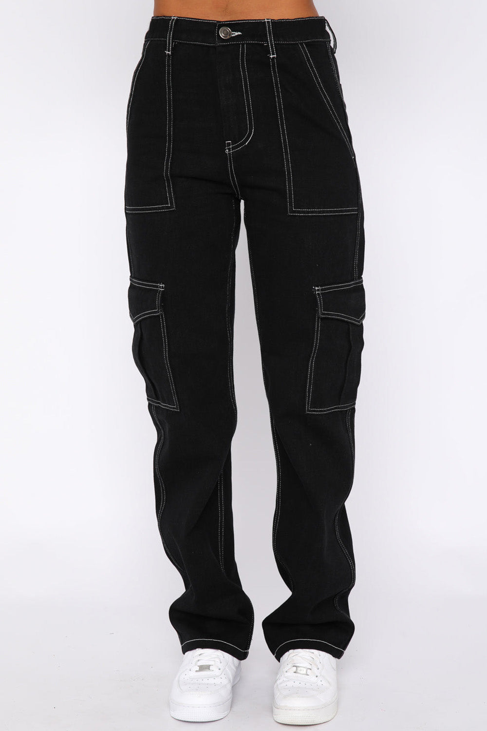 Contrast Stitching High Waist Cargo Jeans