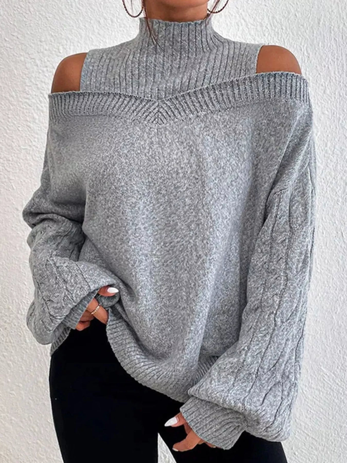 Women's Cold Shoulder Mock Neck Cable Knit Sweater