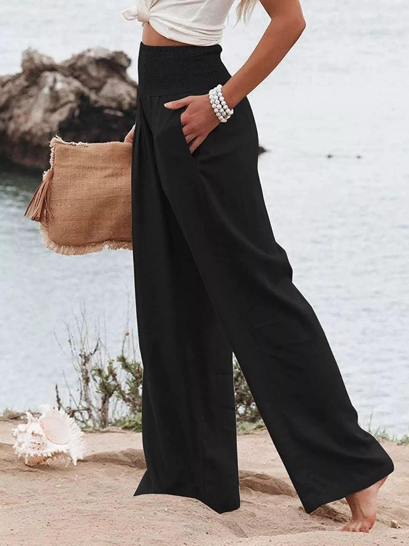 Smocked High Waisted Wide Leg Pants  Shop One Place