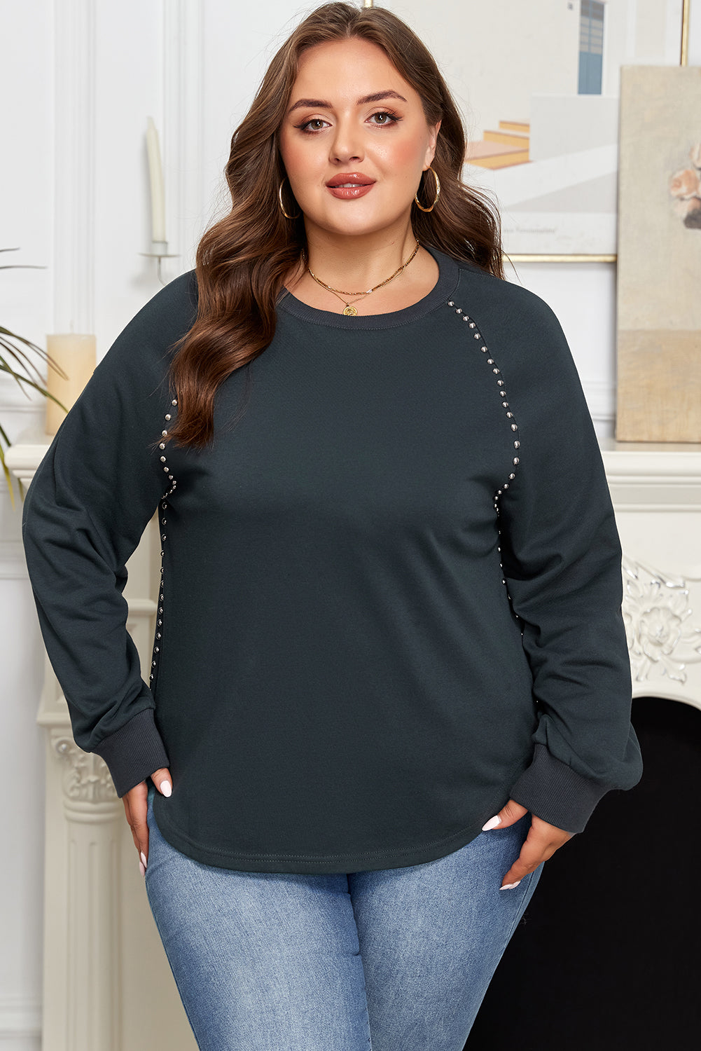 Black Studded Decor Ribbed Edge Mineral Wash Plus Size T-Shirt