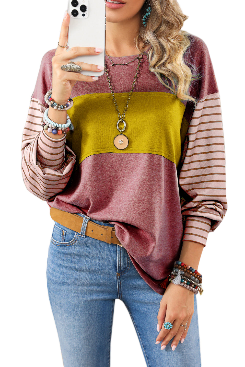 Colorblock Striped Bishop Sleeve Top