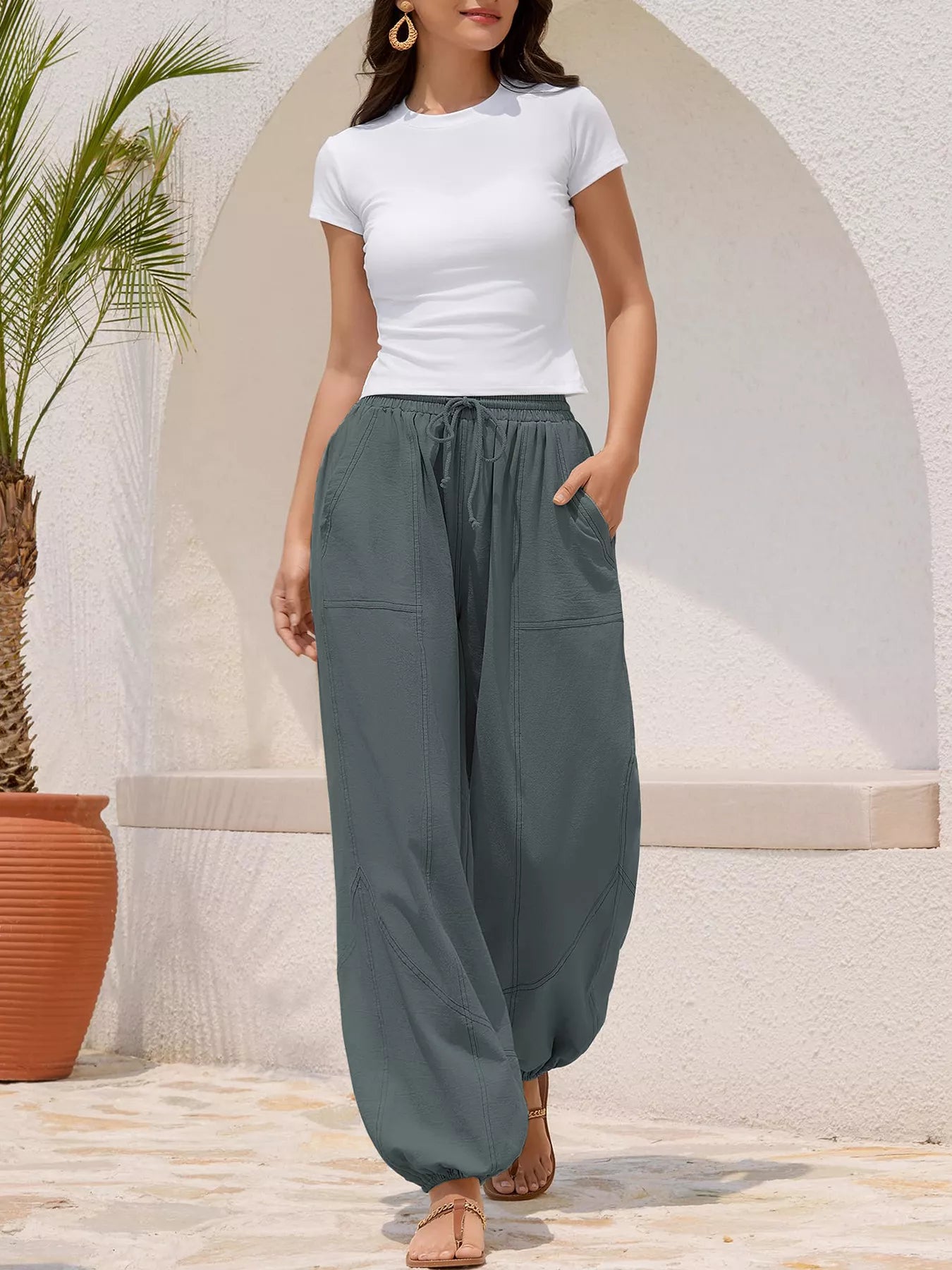 Casual Loose Fit Drawstring Waist Harem Joggers  Shop One Place