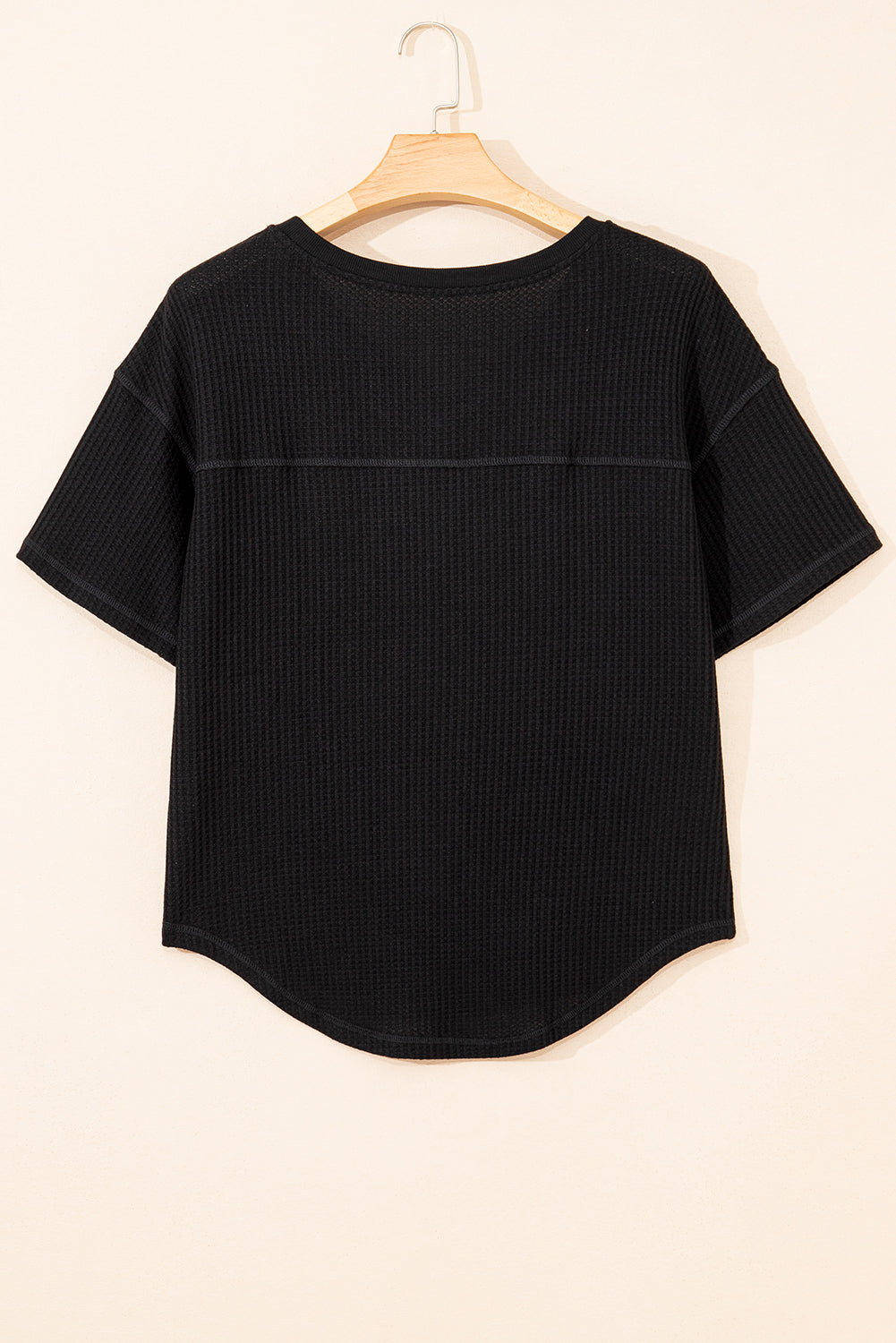 Black Waffle Texture V Neck Drop Shoulder Loose Tee  Shop One Place