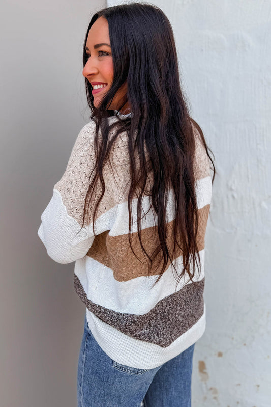 Brown Mixed Texture Knit Striped Colorblock Loose Sweater  Shop One Place