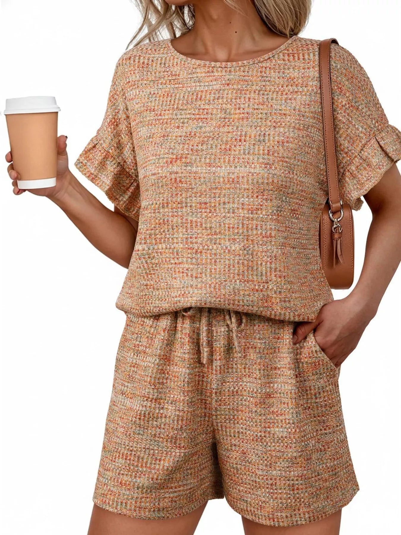 Ruffle Sleeve Textured Top and Shorts Set  Shop One Place
