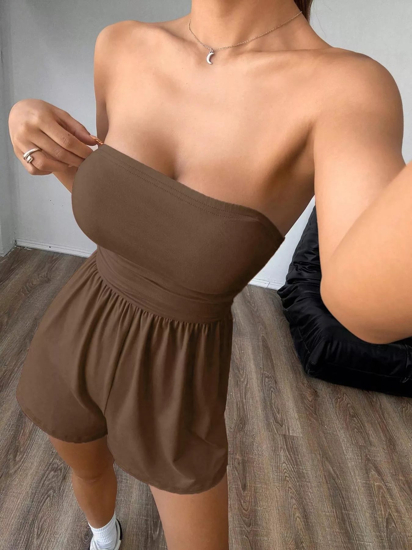 Strapless Ruched Waist Romper – Stretchy Cotton Blend Women’s Playsuit  Shop One Place