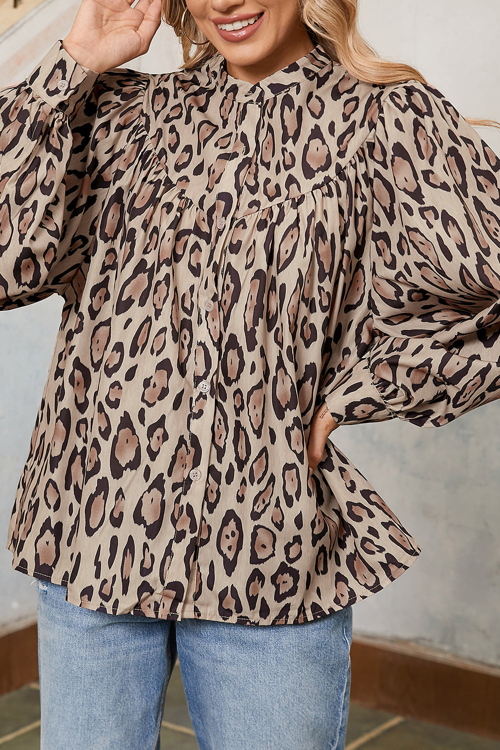 Light French Beige Leopard Print Balloon Sleeve Loose Blouse  Shop One Place