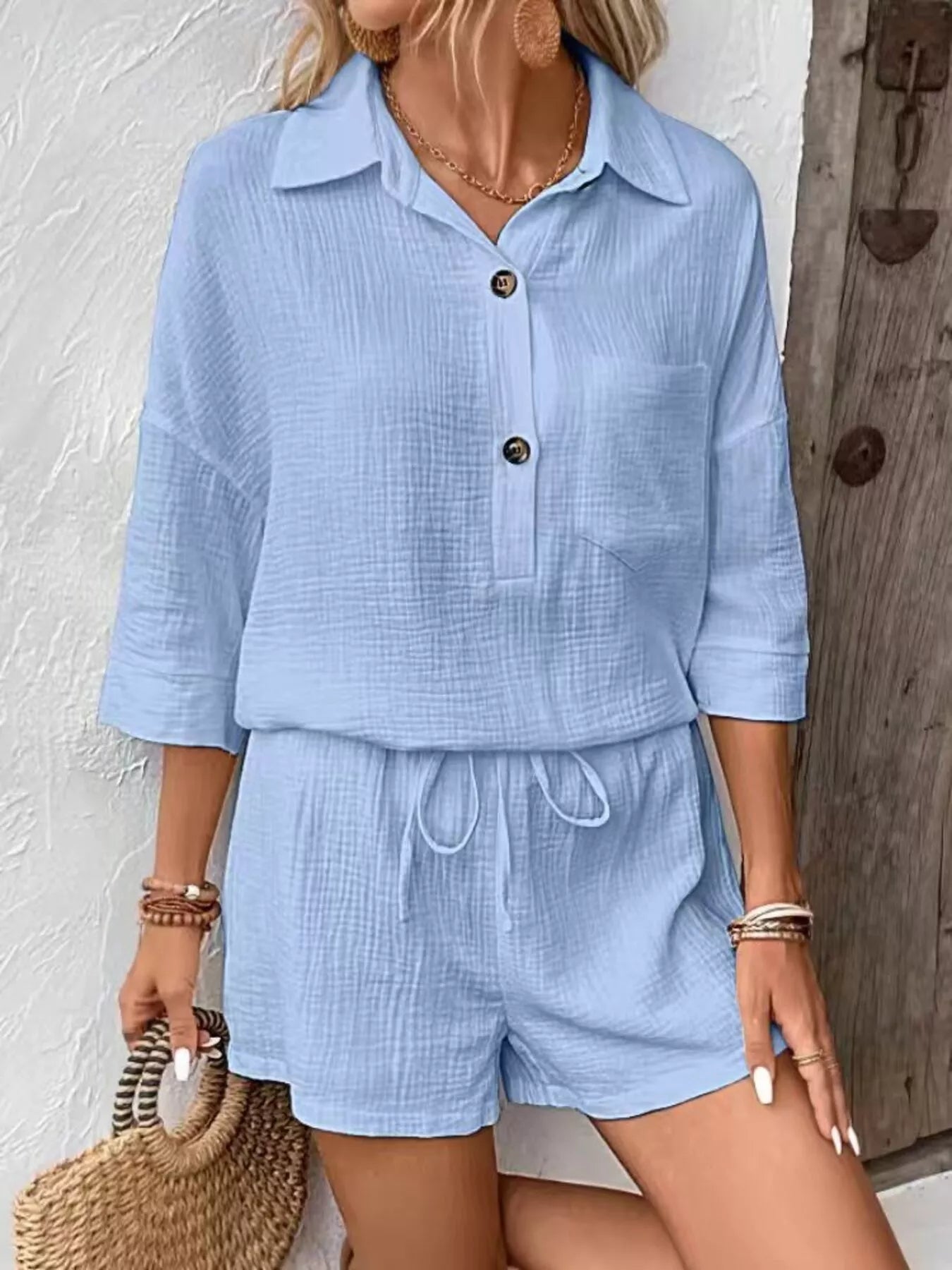 Button Detail Top and Shorts Set  Shop One Place