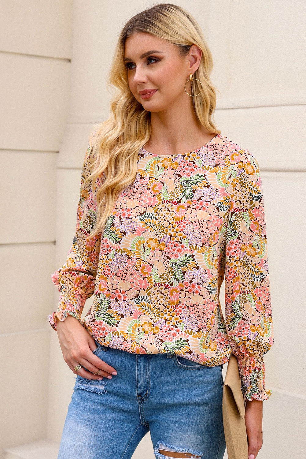 Yellow Floral Print Smocked Cuffs Long Sleeve Blouse