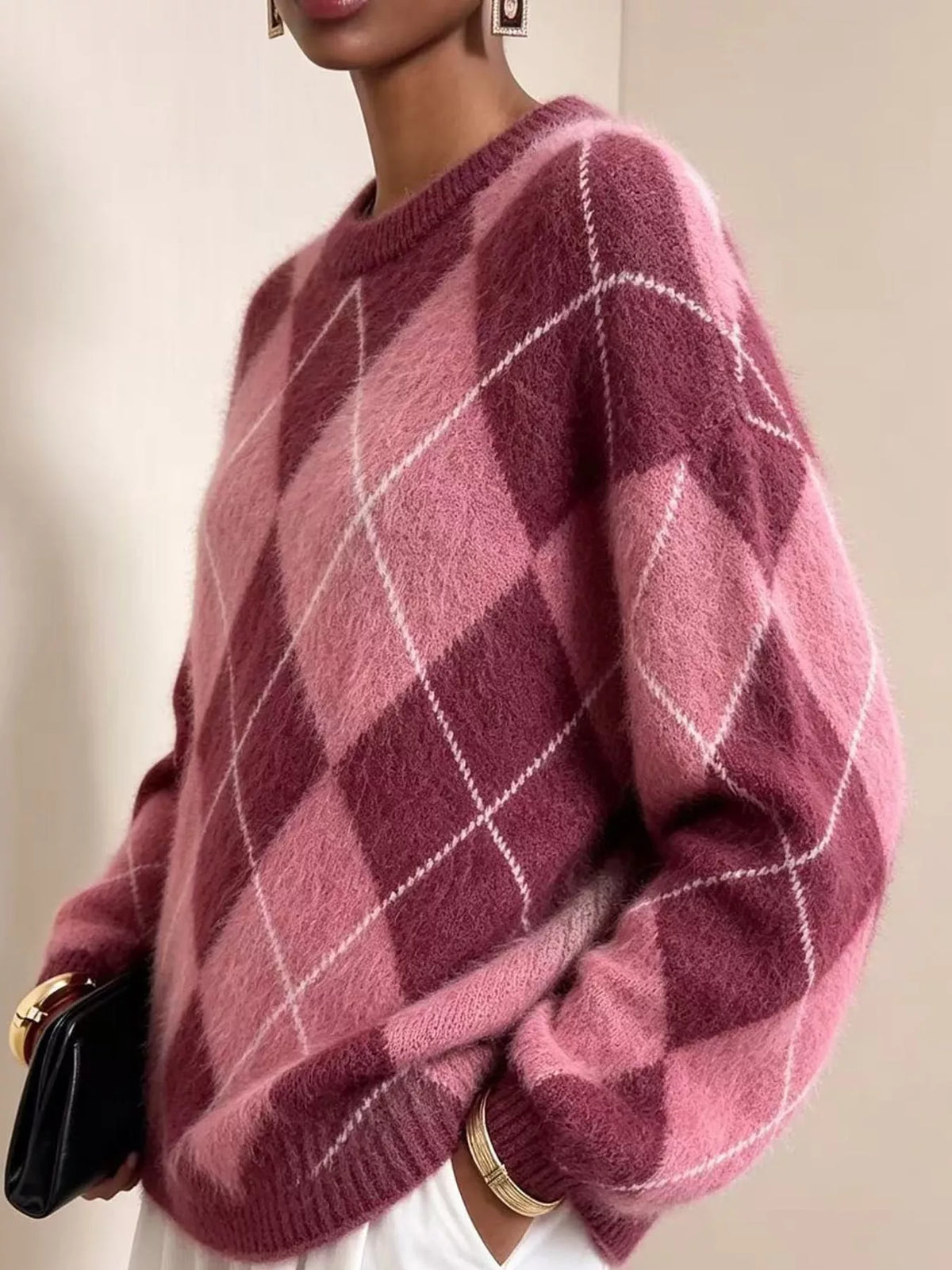 Women's Argyle Fuzzy Knit Sweater – view 10