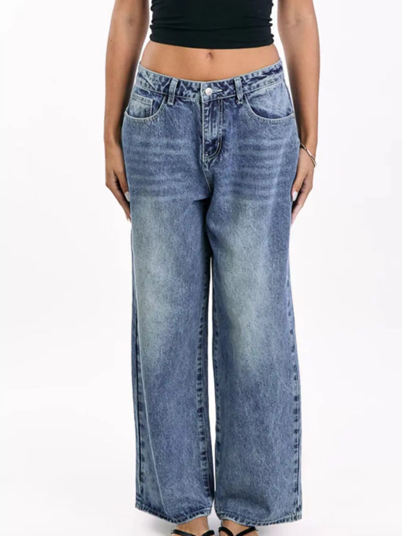 Pocketed Wide leg Jeans  Shop One Place