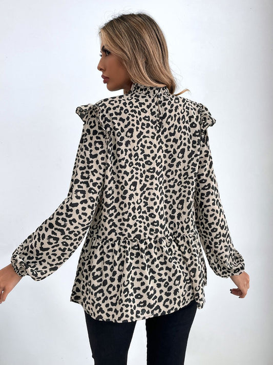 Ruffled Leopard Mock Neck Long Sleeve Blouse  Shop One Place