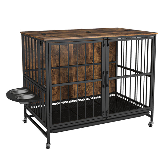 Modern Dog Kennel with Removable Tray & Adjustable Feeding Bowls for Dogs up to 80 LB (Brown)  Shop One Place