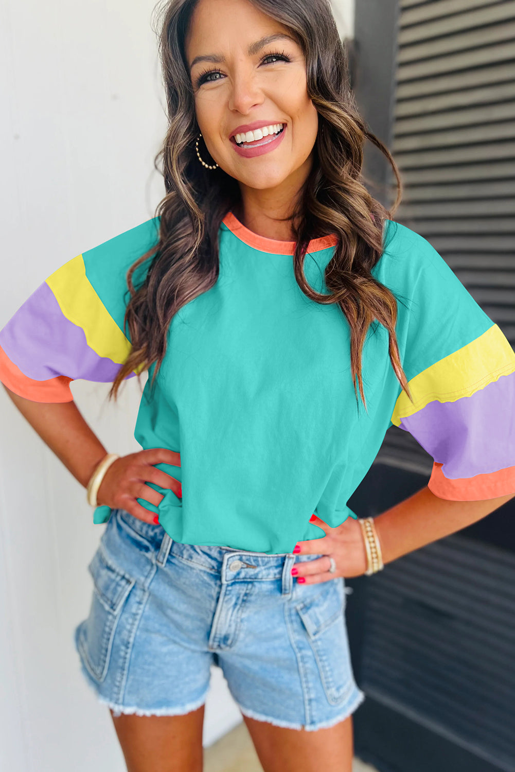 Green Color Block Sleeve Round Neck Oversize Top  Shop One Place