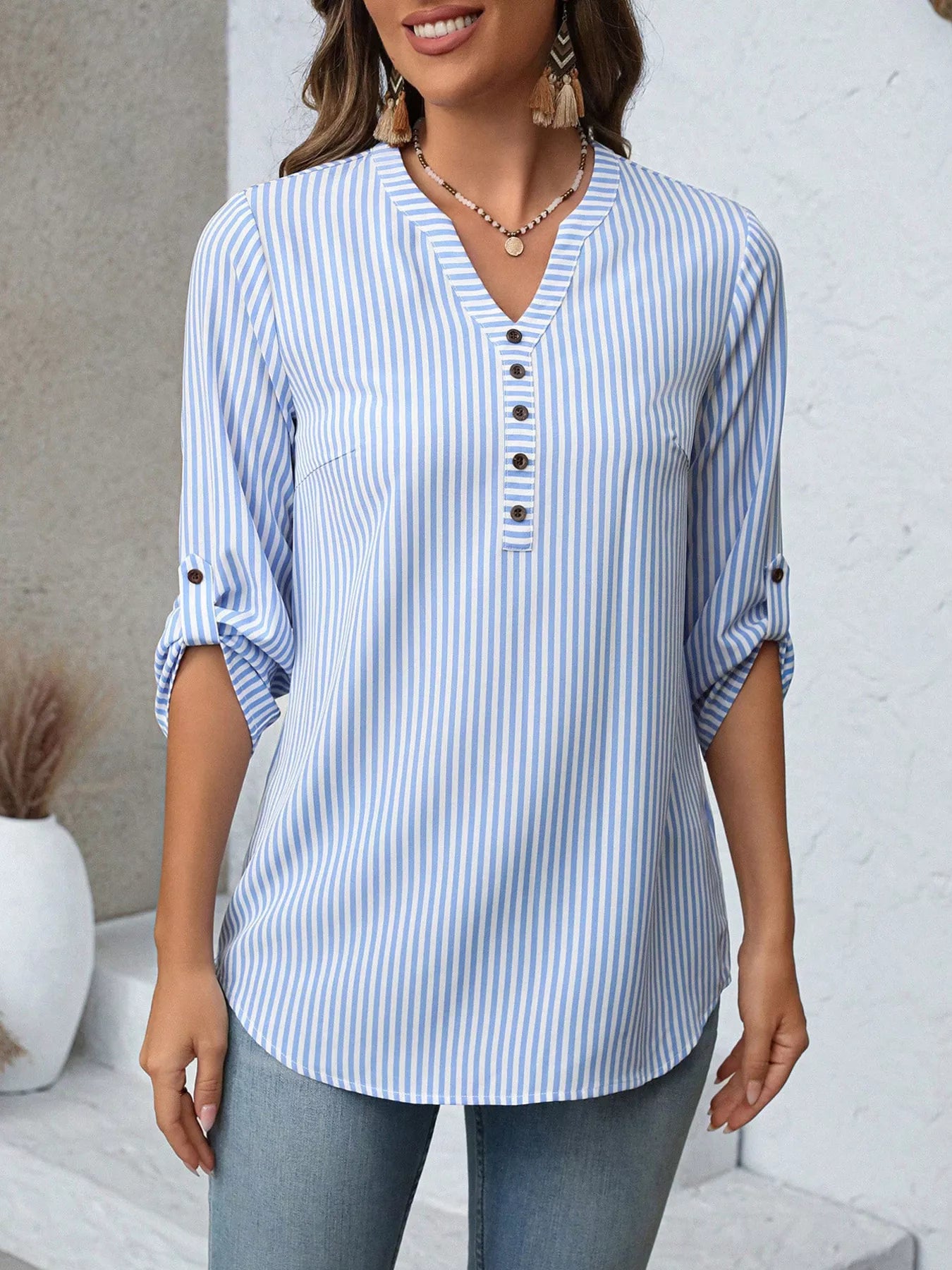 Striped V-Neck Roll-Up Sleeve Blouse  Shop One Place