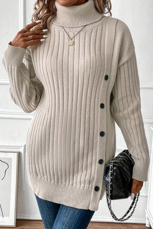 Turtle Neck Button Down Decor Pullover Sweater  Shop One Place