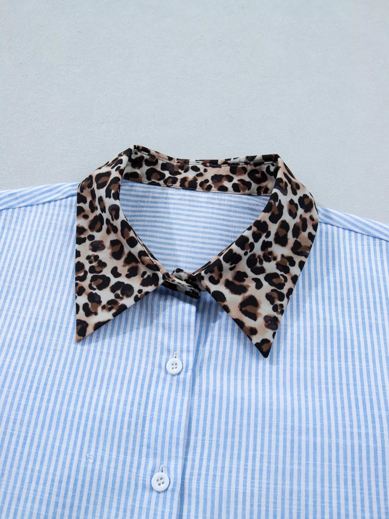 Stripe Leopard Contrast Collar Short Sleeve Shirt  Shop One Place