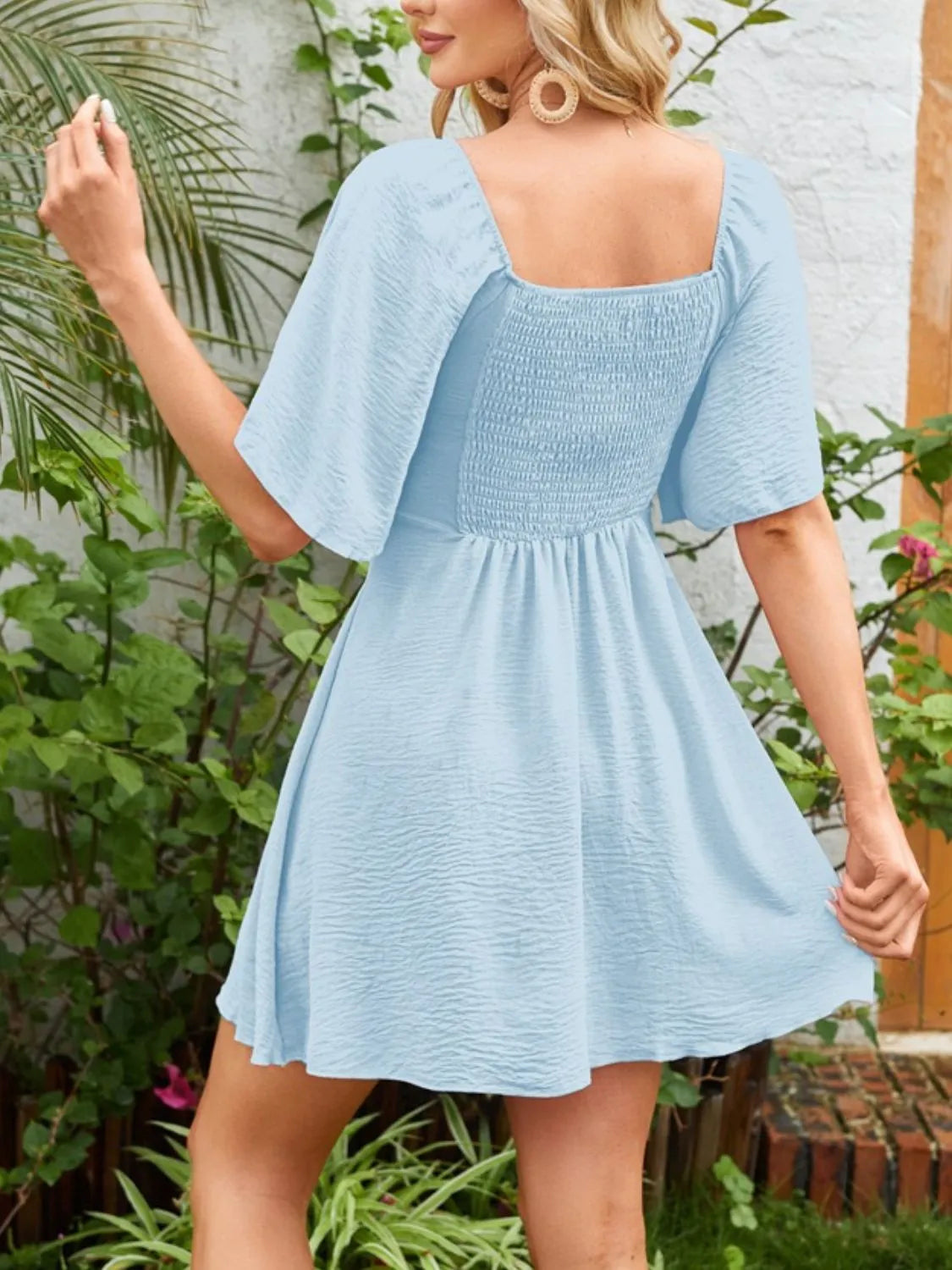 Smocked Back Knotted Flutter Sleeve Dress  Shop One Place