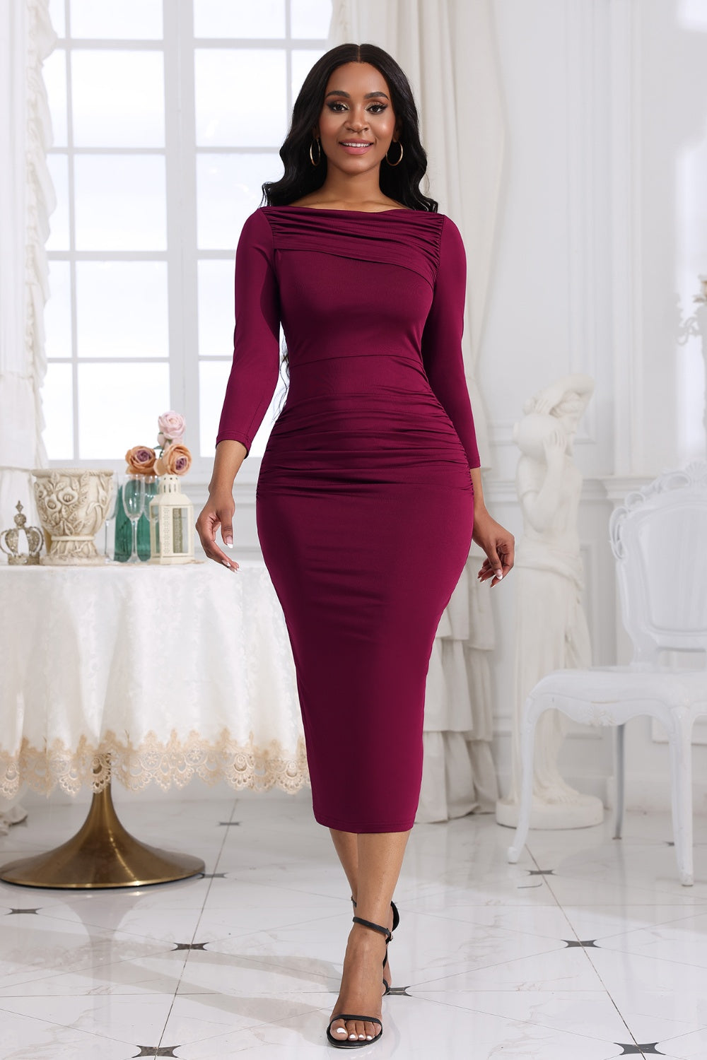 Ruched Boat Neck Midi Dress  Shop One Place