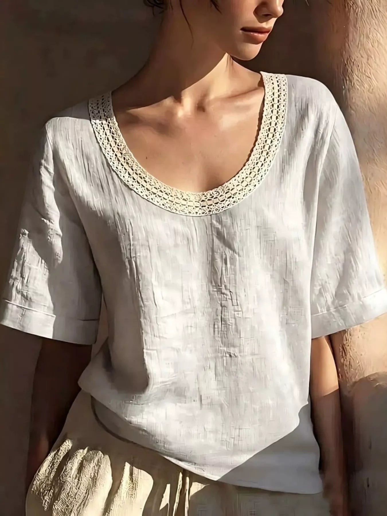 Full Size Lace Trim Short Sleeve Blouse Plus Size  Shop One Place