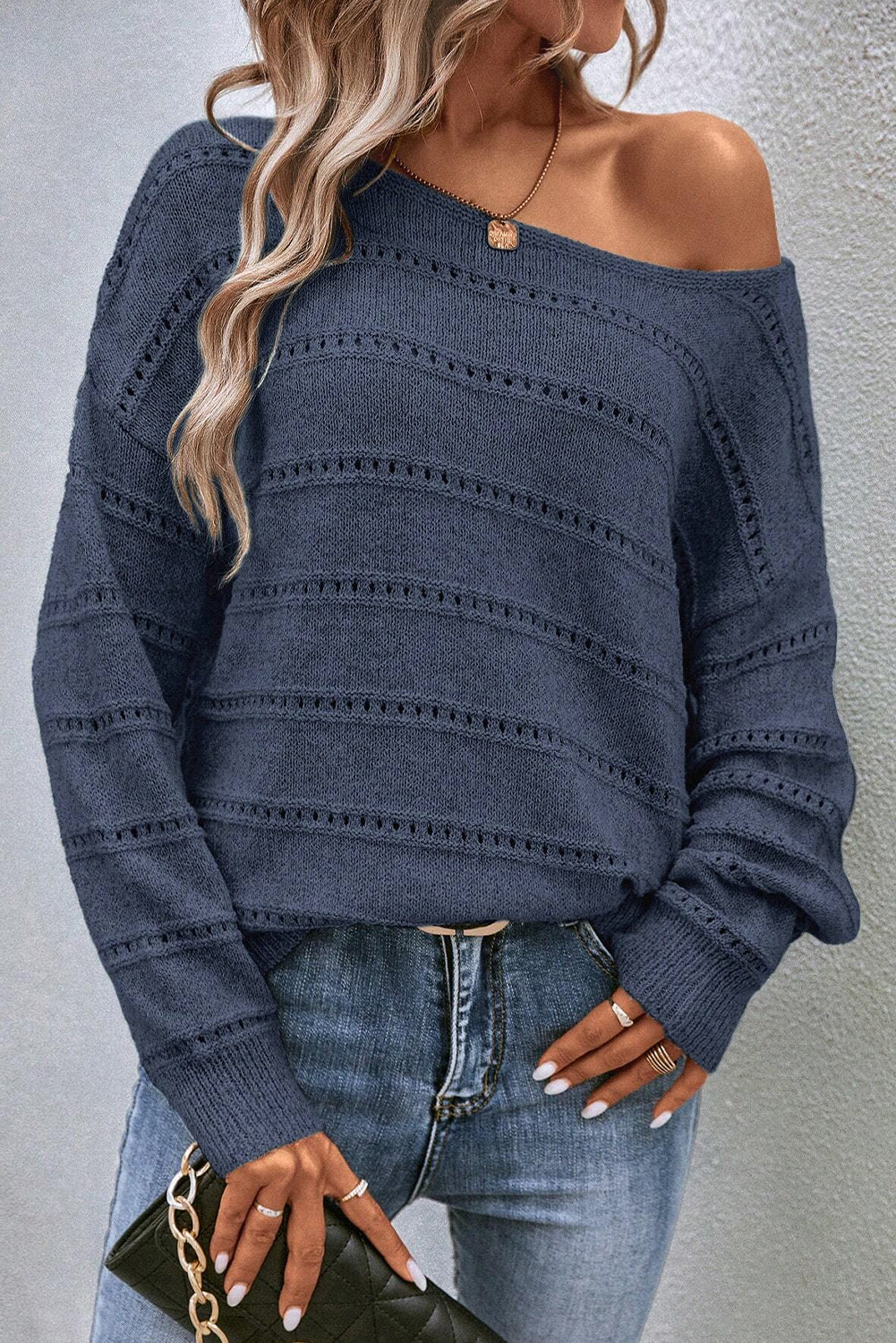 Real Teal Boat Neck Drop Shoulder Pointelle Knit Sweater