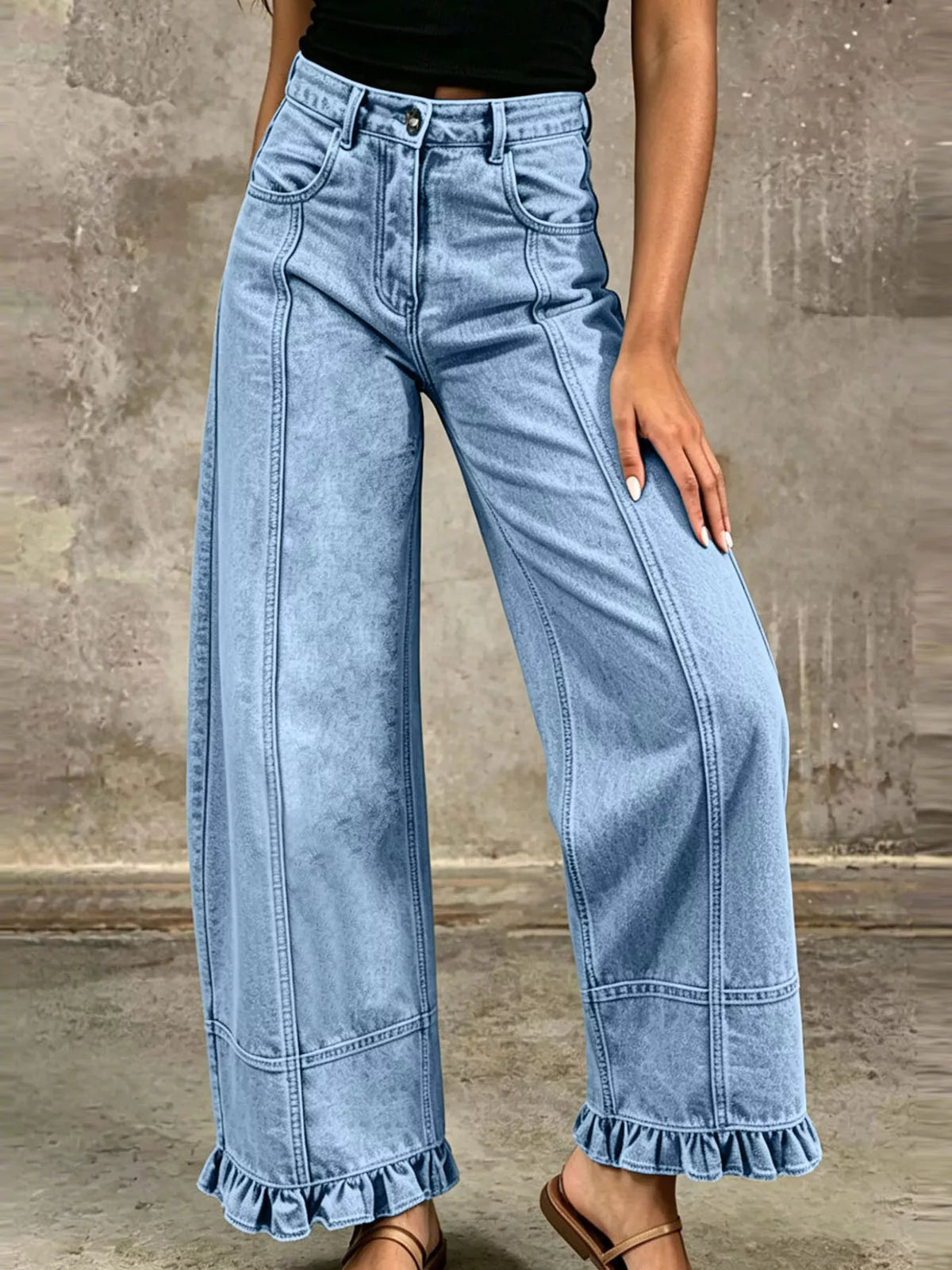 Full Size High-Waisted Wide-Leg Ruffled Hem Jeans Plus Size  Shop One Place
