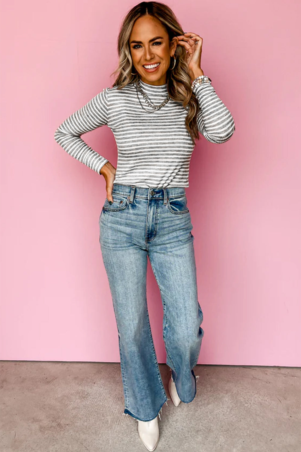 Gray Stripe Ribbed High Neck Slim Fit Long Sleeve Top  Shop One Place