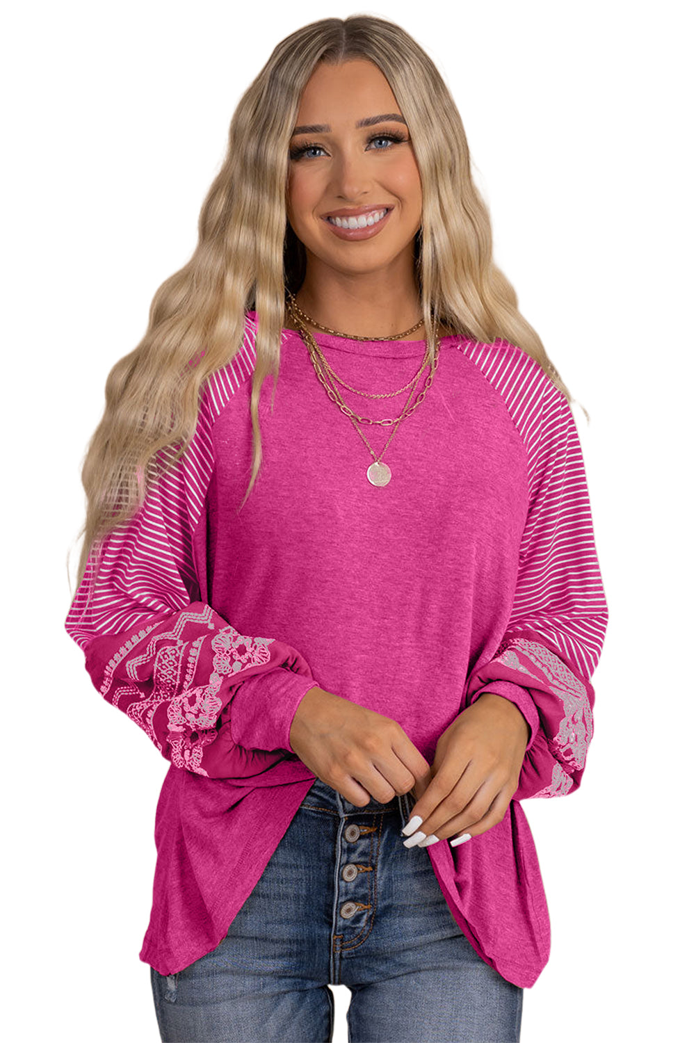 Contrast Print Striped Raglan Long Sleeve Loose Top  Shop One Place
