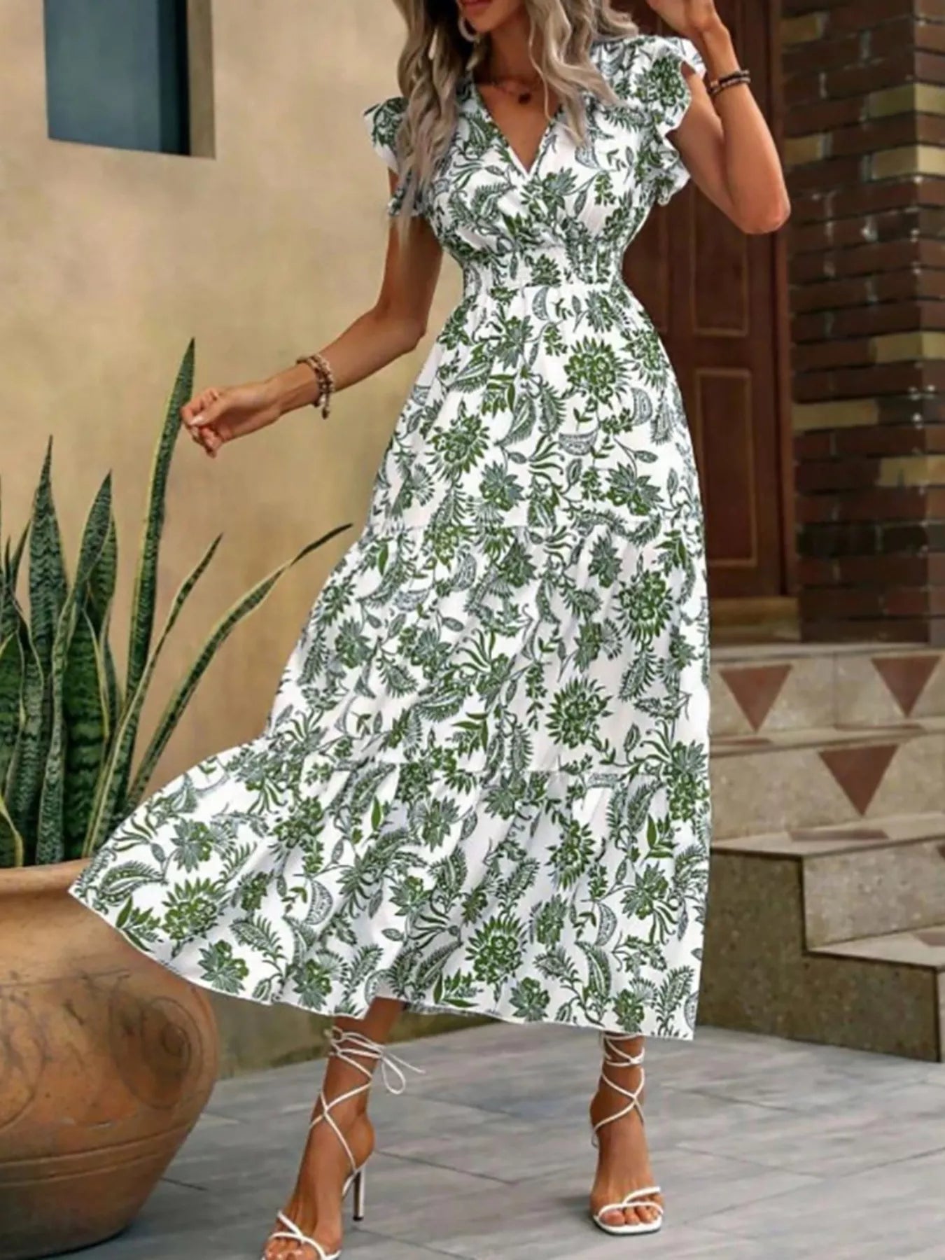 Floral Print Ruffle Sleeve Midi Dress  Shop One Place