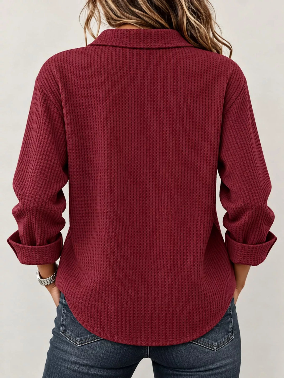 Women's Waffle Knit Long Sleeve Polo Top – view 15