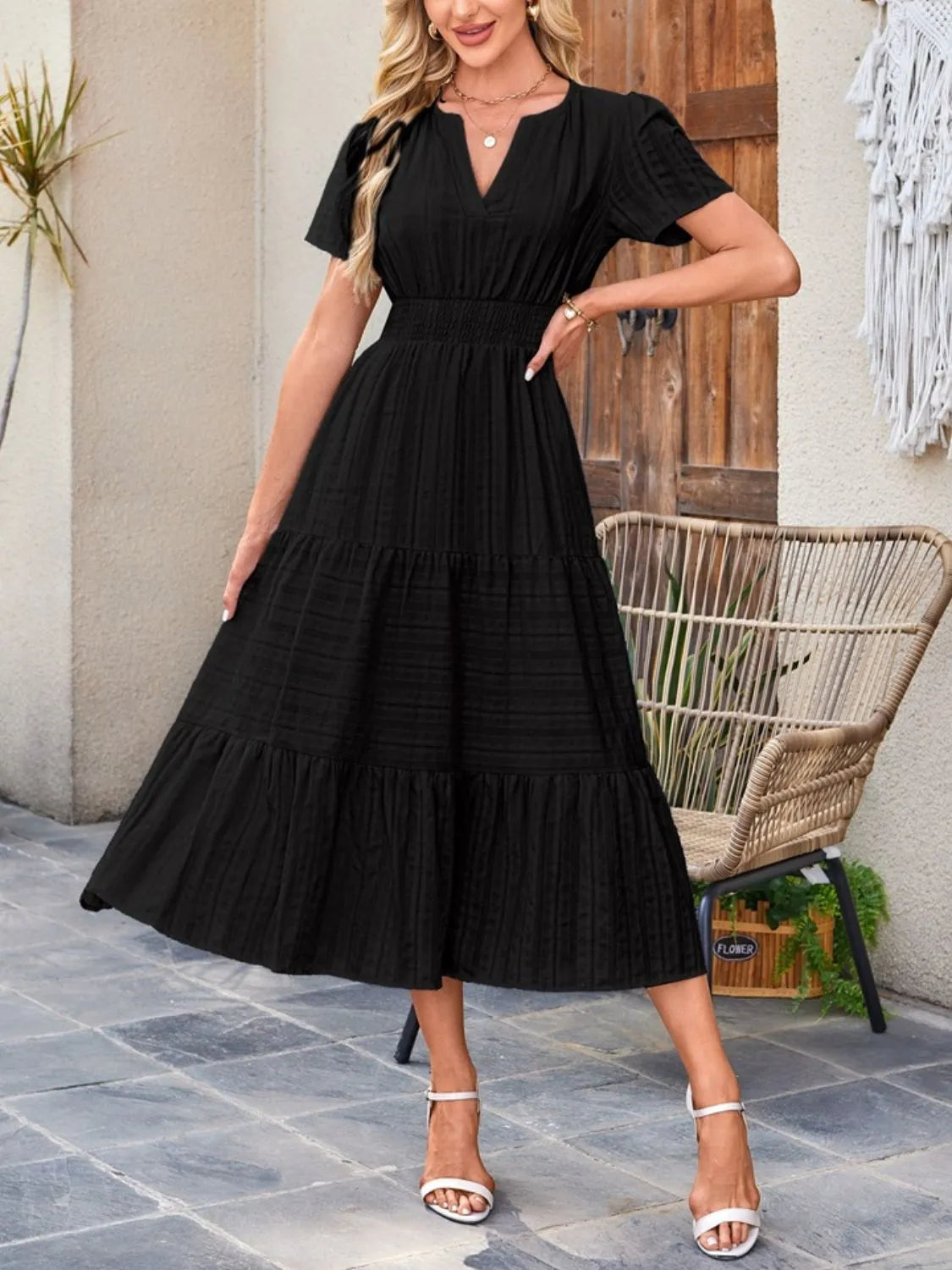 Tiered Notched Short Sleeve Dress  Shop One Place