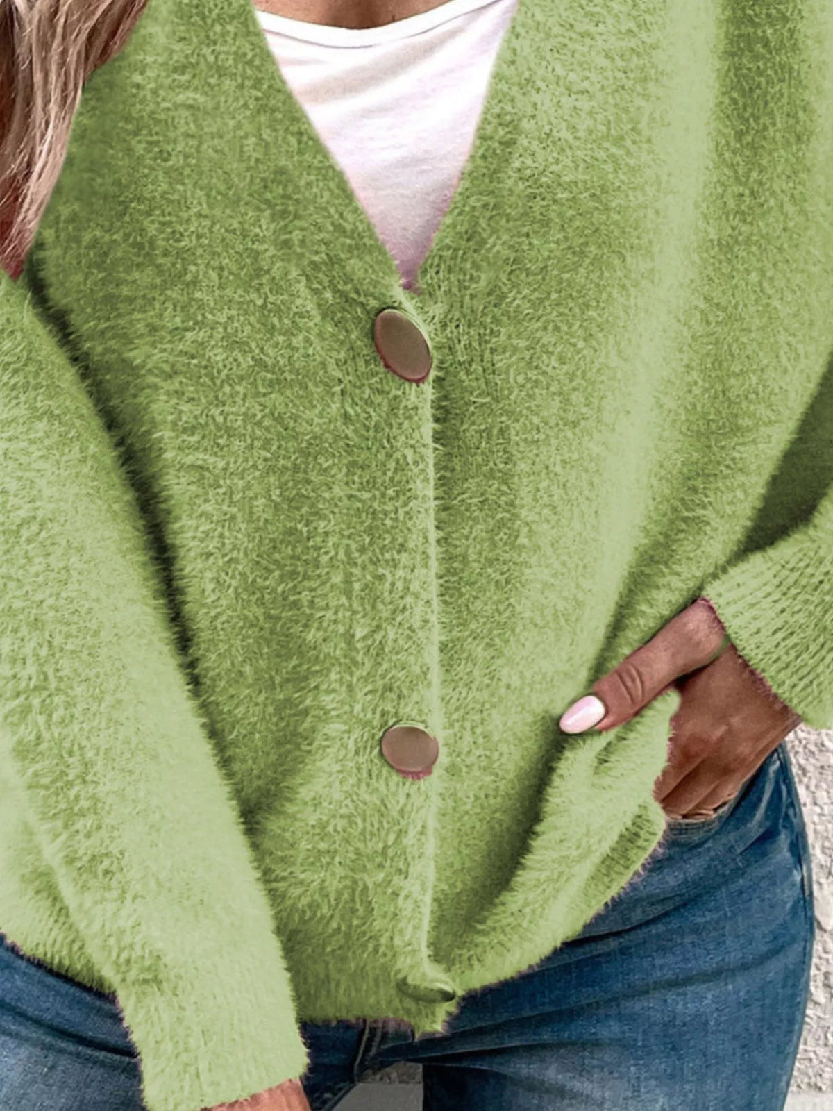 Soft Fuzzy V-Neck Button-Down Cardigan  Shop One Place